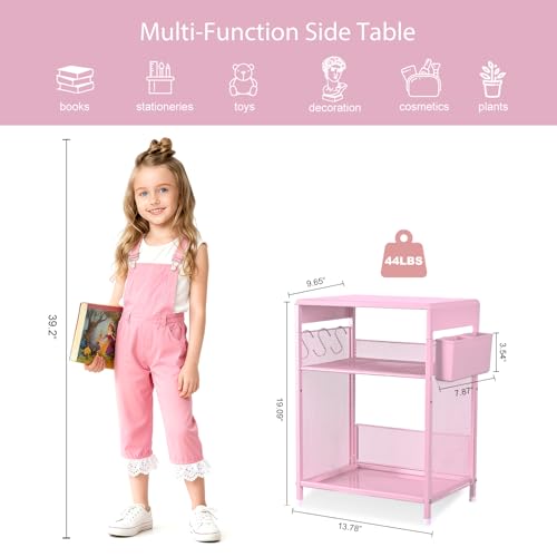 ECOLOVI Kids Nightstand 19in High for Floor Beds, 3-Tier Metal Small Bedside Table with Adjustable Storage Shelf, Basket & 3 S-Hooks, Low Nightstand for Nursery, Toddler Bedroom (Pink) - color: Pink