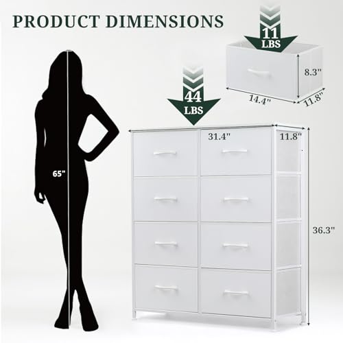 8-Drawer Dresser for Bedroom, Anti-Tip Tall Storage Organizer Chest of Drawers with Wooden Top and Metal Frame Fabric Bins for Closet, Living Room, Hallway, Entryway, White - color: White, size: 11.8"D x 31.4"W x 36.3"H (8 Drawers)