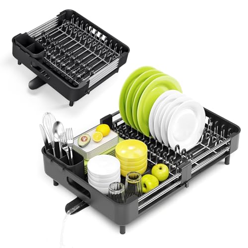 Urackify Stainless Steel Dish Drying Rack - Dish Drainer for Kitchen Counter, Extendable Drainboard with Foldable, Space-Saving Cup & Bowl Organizer, Includes Knife and Utensil Holder, Black - color: Black