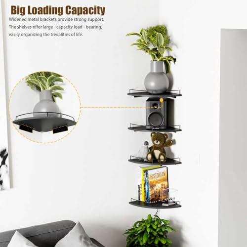 Corner Shelf Wall Mount, Floating Corner Shelves, Set of 4 Corner Wall Shelf Organizer,Rustic Wood Wall Storage Display Shelves forLiving Room Bedroom Bathroom Kitchen,Black - color: Black-4pack