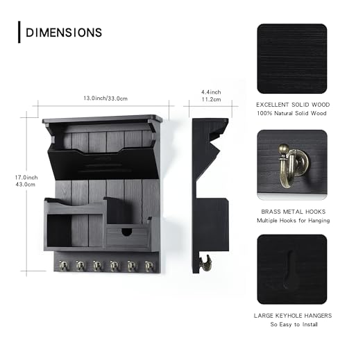 DOPACE Key Holder for Wall, Mail and Key Holder, Mail Organizer Wall Mount with Storage Drawer and 6 Hooks, Easy Installation Key Rack for Entryway and Home Decor, Black