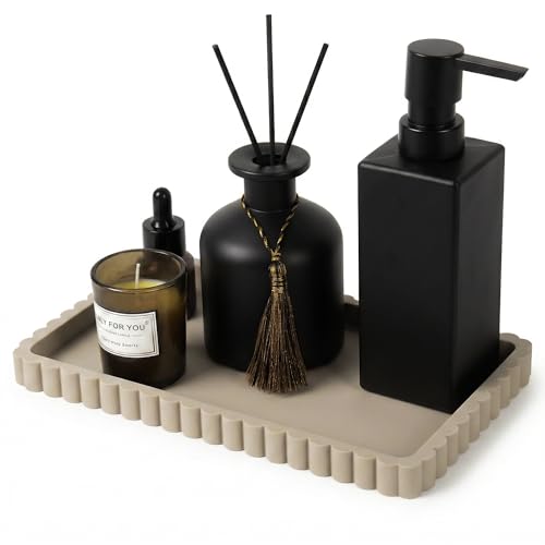 Silicone Bathroom Vanity Tray, Sink Caddy for Dish Soap Dispenser, Sponge Holder for Kitchen Sink, Rectangle Bathroom Countertop Organizer for Perfume, Jewelry, Candle (9.9” * 6”, Khaki) - color: Khaki, size: 9.9" x 6" x 0.7"