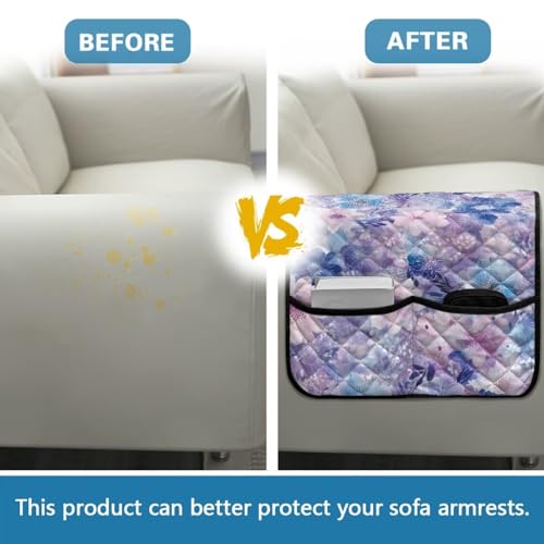 Blue Floral Print Couch Arm Covers Stain Resistant Sofa Arm Covers with 2 Side Storage Pocket Non-Slip Recliner Armrest Organizer Comfy Remote Controls Holder - color: Blue Floral