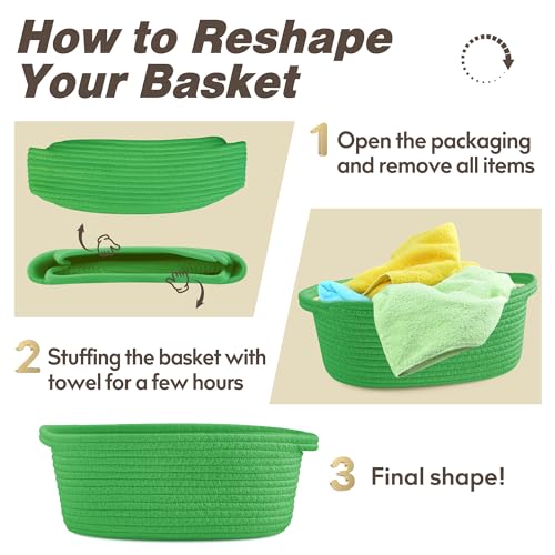Pro Goleem Small Woven Basket with Gift Bags and Ribbons Durable Baskets for Gifts Empty Small Rope Basket for Storage 12"X 8" X 5" Baby Toy Basket with Handles, Grass Green - color: grass green
