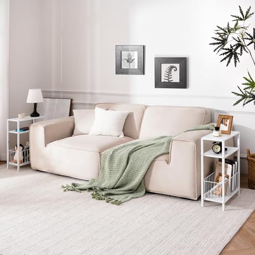 Yoobure Narrow Side Table with Storage Basket, Small End Table for Small Spaces, Skinny Side Tables Living Room Bedroom Office, Slim Nightstand 3 Tier Bedside Table Space-Saving for Magazine, White - color: White