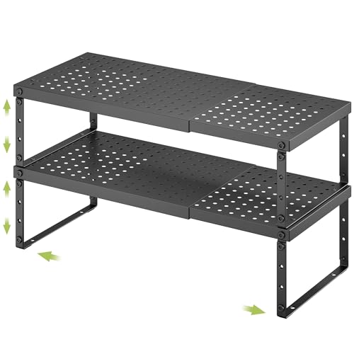 RUILALIFE Expandable Cabinet Organizer Shelf With Adjustable Height, Stackable Kitchen Countertop Organizer Rack, Adjustable Shelf Riser For Kitchen Counter, Pantry, Cupboard, Desk, Tabletop - color: Black-2 Pack
