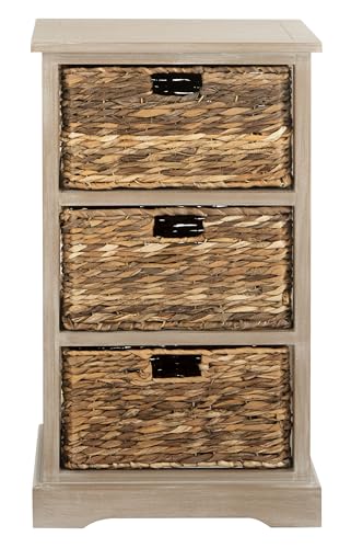 SAFAVIEH Home Collection – Halle White Washed Storage Side Table with Wicker Baskets, Farmhouse Accent Storage, Fully Assembled (AMH5738E) - color: White Washed