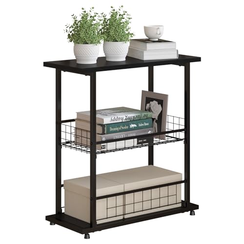 PROXRACER Side Table, 3-Tier End Table, Narrow Sofa Table Bedside Table for Living Room, Study, Bedroom, Small Nightstand with Storage Shelf and Fence,Black - color: Black, size: W/ Fence