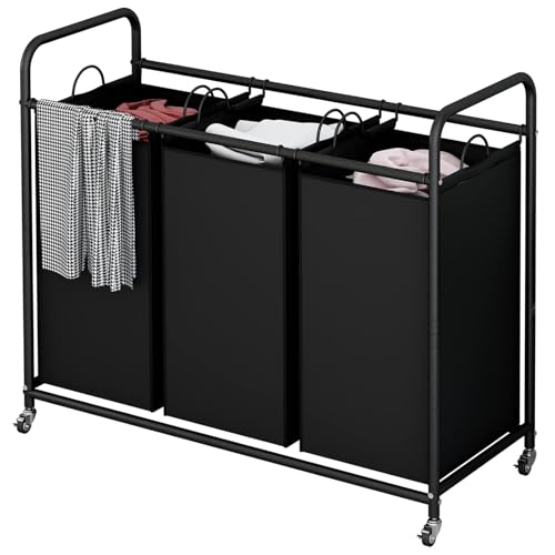 LINZINAR 3-Bag Laundry Basket, Black Laundry Hamper, 35.6 Gal(135 L) Laundry Sorter Cart Laundry Room Organization with Heavy Duty Rolling Lockable Wheels and Removable Bags - size: 3 Bags Black