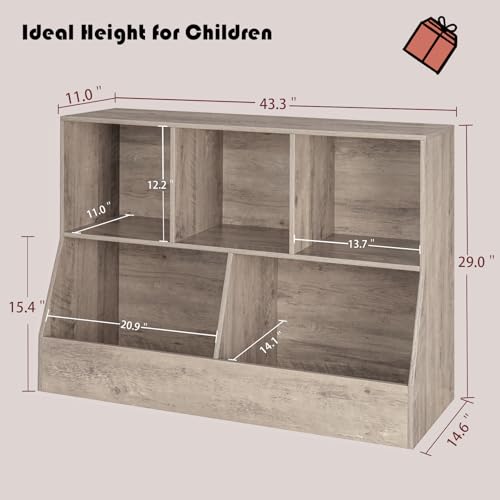 DINZI LVJ Toy Storage Organizer, Kids Bookshelf, Wood Toy Storage Cabinet, 5 Cubby Children Bookcase, 43.3" L Toddler Book Shelf for Playroom, Living Room, Nursery, Hallway, School, Greige - color: Greige, size: 2-Tier 43.3"