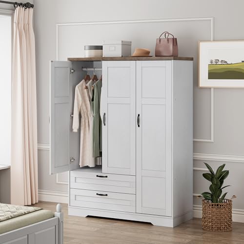 Brafab 62" Wooden Armoire Wardrobe Closet with 3 Doors and Drawers, Standing Bedroom Storage Armoires Cabinet with Hanging Rod for Hanging Clothes, Coat Closet Organizer with Shelves and Mirror, White - color: White, size: 3 Doors