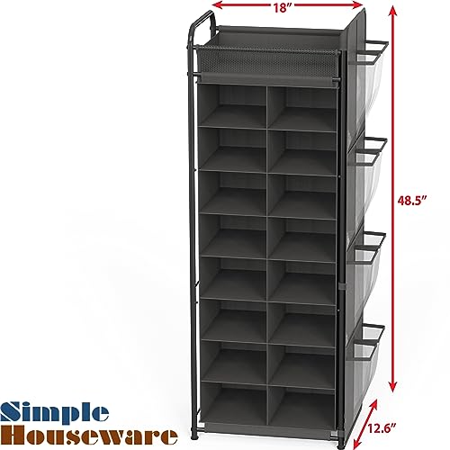 Simple Houseware 16 Cube Shoe Stand Tower Rack 8 Tier with Top Shelf and Side Hanging Pockets, Dark Gray - color: Dark Gray