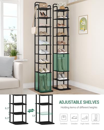 Hzuaneri Vertical Shoe Rack, Shoe Shelves, Wood Shoe Organizer for Closet, Entryway, Shoe Tower for Small Spaces, Free Standing, Adjustable, with 2 Hooks, 10 Tier Black SR11204B - color: Black, size: 10 Tier(11.8"D x 10.4"W x 67.3"H)