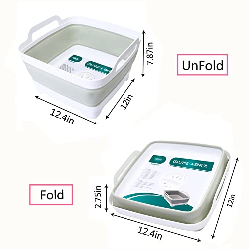 FOSJGO Collapsible Dish Basin with Drain Plug and Carry Handles - 9L Capacity, Portable Sink Tub for Camping and RV - color: Light Green