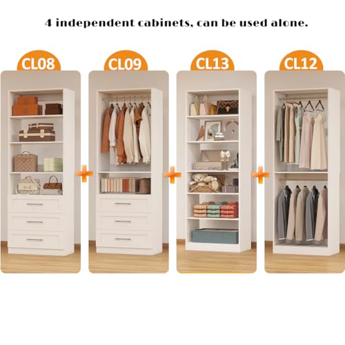 Closet System with 4 Sets, 8-21FT Closet Organizer Systems with 6 Drawers & 7 Hanging Rods & Adjustable Shelves, Walk in Closet Standalone Closet System Modular Closet System Set White