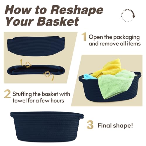 Pro Goleem Small Woven Basket with Gift Bags and Ribbons Durable Baskets for Gifts Empty Small Rope Basket for Storage 12"X 8" X 5" Baby Toy Baskets with Handles, Navy Blue - color: navy blue