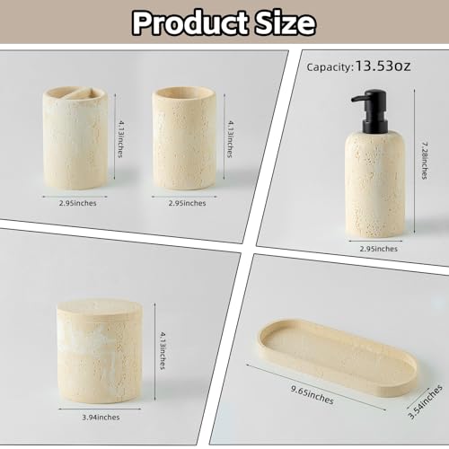 Bathroom Accessories Set, Travertine Stone-Look, 6 PCS Bathroom Accessory Set with Soap Dispenser, Toothbrush Holder, Tumbler, Vanity Tray, Cotton Swab Jars for Countertop (Yellow) - color: Yellow