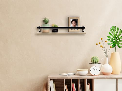 Kiera Grace Kells Floating Shelves, Metal Bracket Modern Wall Mounted Hanging Shelf Storage Rack for Bedroom, Kitchen, Living Room - 16", Oak, 1Pack