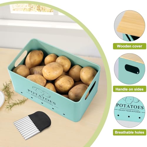 Kitchen Vegetable Storage Set of 3, Metal Onion Garlic Potato Storage Set, Kitchen Canisters Vegetable Keeper Containers with Aerating Holes and Wooden Lid (Blue) - color: Blue