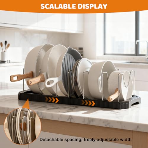 Expandable Pot Rack Organizer, 14 Adjustable Compartments, Pot and Pan Organizer Rack for Cabinet with Cup Brush Dividers, 13 -22" Wide Adjustable Pan Organizer - Pantry Countertop Storage (Black) - color: Black