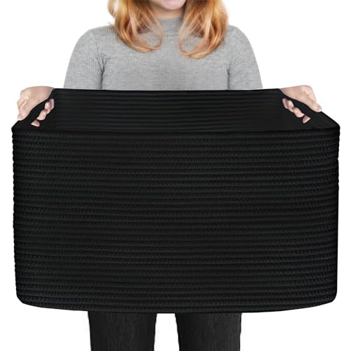 Extra Large Black Basket, 22" X 17" X 12" Rectangle Woven Bin for Storage, Soft Cotton Rope Kids Room Toy Box Bins, Big Wicker Basket Organizer for Blankets, Pillows, Laundry - color: Black