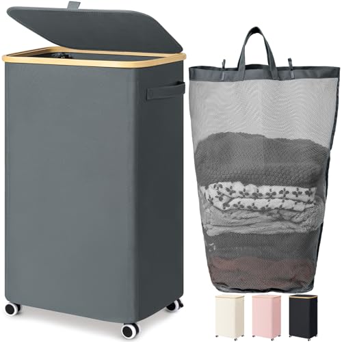Goodpick Laundry Basket with Wheels, Large Rolling Laundry Hamper Slim Clothes Hampers with Removable Wash Bag Collapsible Dirty Clothes Basket with Lid, 100L, Gray - color: Gray, size: 100L (17.3"L x 13"W x 29.5"H)