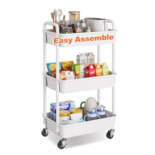 3 Tier Rolling Cart with Wheels, White Plastic Three Tiered Roller Shelf Cart on Lockable Wheels, Small Utility Storage Organzier Carts for Craft, Art, Baby Diaper Caddy, Snack, Dorm, Kitchen,Bathroom - color: White