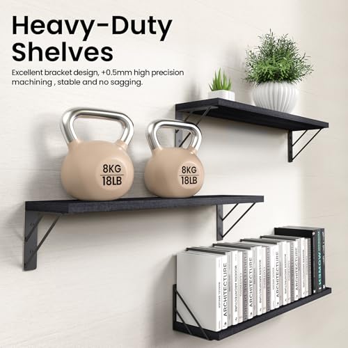 BAYKA Wall Mounted Floating Shelves, Wood Floating Wall Shelf for Books & Decor, Small Space-Saving Display & Organizer（Black，36in，Set of 3） - color: A. Black Board & Black Brackets, size: 36-inch Extended