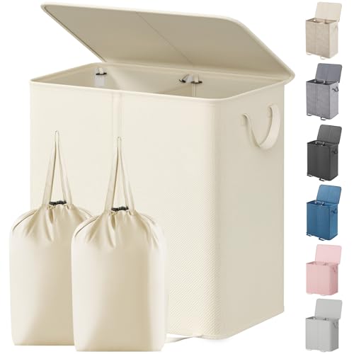 Lifewit Double Laundry Hamper with Lid and Removable Laundry Bags, Large Collapsible 2 Dividers Dirty Clothes Basket with Handles for Bedroom Laundry Room Closet Bathroom College, 136L Ivory White - color: Ivory White, size: 136L
