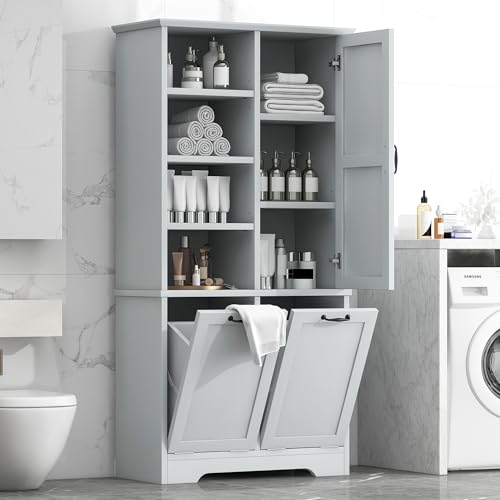 Virubi Tall Laundry Cabinet with 2 Tilt Out Laundry Hampers, Wood Bathroom Storage Cabinet with Doors and Adjustable Shelves, for Bathroom Sotrage Organization, Freestanding, Grey - color: Grey, size: 31"x14"x68"