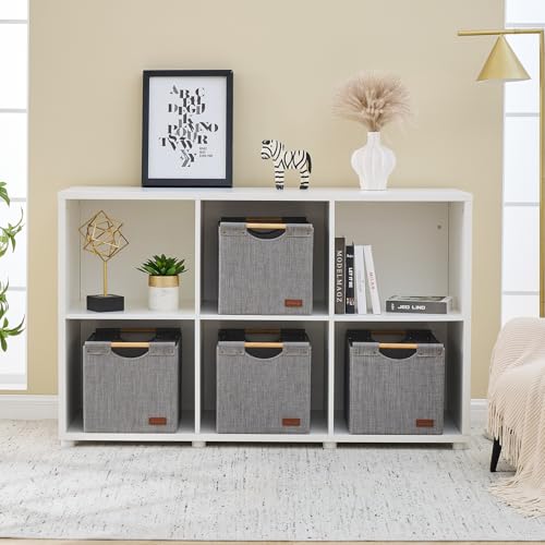 KAKAMAY Collapsible Cube Storage Bins 15x13x13 Inches Grey 2-Pack, Foldable Storage Organizer Wooden Handles Fabric Baskets for Living Room Shelves, Bedroom Nursery Closet Toys, Clothes, Laundry - color: Grey