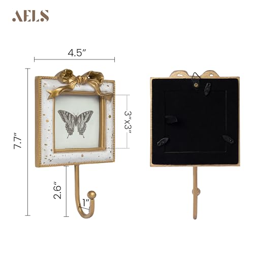 AELS Decorative Wall Hooks with 3"x3" Bow Vintage Picture Frame, Vintage Photo Holder with Golden Hook for Coats, Purses, Towels and Keys, Ideal for Entryway, Bedroom or Wedding Decor, Gift Ideas - color: 3X3