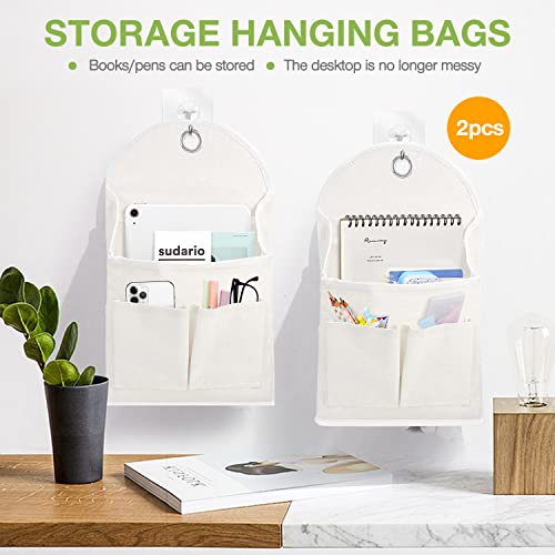 Ndeno 2 Pack Wall Hanging Organizer Bag with Pockets Fabric Storage Bag Basket Caddy Waterproof Over the Door Pouch Closet Shelves with Hook for Kitchen,Bedroom, Bathroom (White+White), (01)