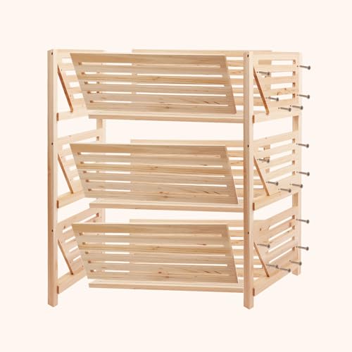 Potato Onion Storage Rack, 3-Tier Stackable Wooden Bins for Pantry Cabinet, Ventilated Vegetable Organizer with Baskets, Fruit Produce Bread Holder for Kitchen Shelf, Fir Wood