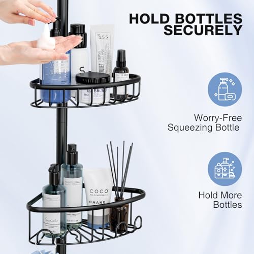 Corner Shower Caddy Tension Pole: Stainless Steel Rustproof 4-Tier Shower Organizer - 47-121 inch Adjustable Bathroom Shelves for Bathtub Shampoo Storage - Tension Rod Floor Standing Bath Rack - Black - style: A Style-Black