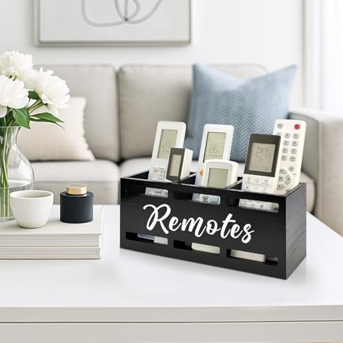 Hilislog TV Remote Holder Wall Mount Remote Control Holders for Bed Wood Bedside Organizer Table Caddy Controller Holder Wall Mount Remote Controls Box Remotes Storage Black Caddies with 3 Slots - color: Black, size: 3 Slot