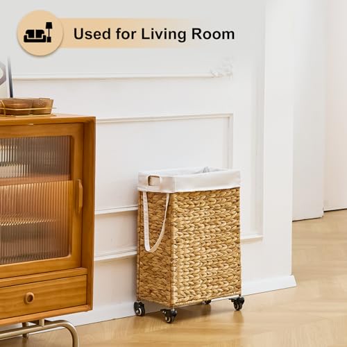Rolling Laundry Hamper with Wheels, Slim Laundry Basket with Removable Liner Bag & 2 Mesh Bags, Handwoven Water Hyacinth Clothes Hamper for Bedroom Bathroom (Natural, 50L) - color: Natural/No Lid/50L