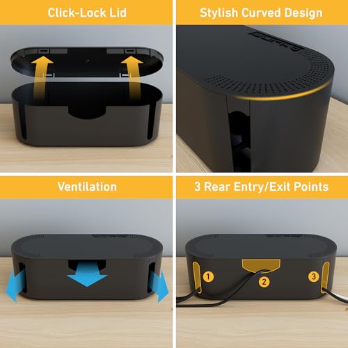 D-Line Cable Management Box, Power Strip Holder, Floor Outlet Hiders, Desk Cord Organizer, Cover TV Wires, Wire Storage, Extension Hider, Office Concealer for Cords, Baby Proof Cables - Large, Black - color: Black, size: Large
