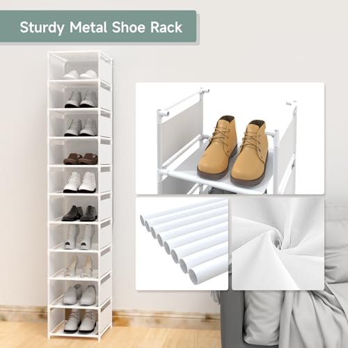 10 Tier Vertical Shoe Rack - White Narrow Shoe Rack for Closet & Entryway, Space Saving Tall Shoe Organizer for Small Spaces, Sturdy Skinny Shoe Tower Stand for Boots & Heels - color: White