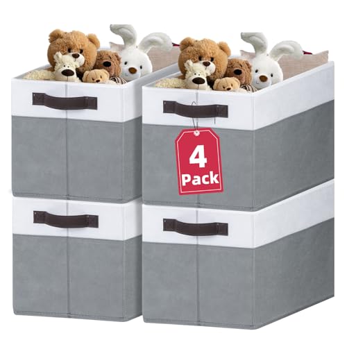 Criusia Extra Large Storage Bins 4 Pack - 16x12in Closet Organizers and Storage Baskets for Organizing Clothes Toy Blanket - Fabric Storage Cubes Containers for Shelves - All Room Organization - color: White with Grey, size: 4pcs - Rectangular 16"x12"