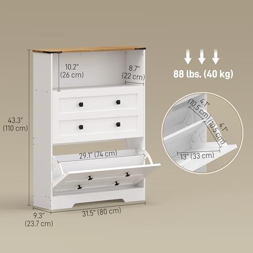 HOMCOM Shoe Cabinet with 2 Flip Drawers, Narrow Shoe Storage Cabinet with Adjustable Shelves and Open Shelf, Farmhouse Storage Organizer for Entryway, Hallway, Holds 12-16 Pairs, White - color: White