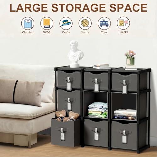 9 Cube Storage Organizer Shelf with Storage Bins and Label, 11 Inch Toy Cube Bins Clothes Closet Organizers Drawers Fabric Dresser for Living Room, Bedroom, Playroom, Dorm(Gray) - color: Gray