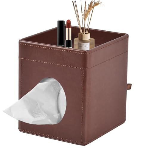 Tissue Box Cover Square Tissue Box Holder PU Leather Facial Tissues Organizer with Storage Tray for Bathroom Vanity Bedroom Office Car,Stylish Napkin Caddy Decorative Organizer (Brown) - color: Brown