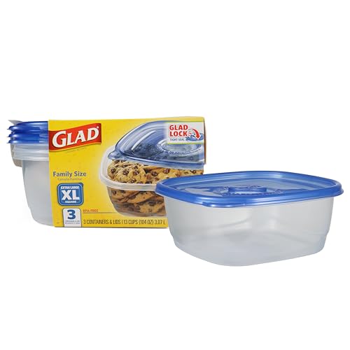 Glad GladWare XL Square Food Storage Containers with Lock Tight Lids, BPA-Free Family Size Plastic Containers for Leftovers, Meal Prep, and Freezer Storage, Dishwasher Safe, 104 Oz, 3 Count - size: 104 oz - 3 Count, style: Square
