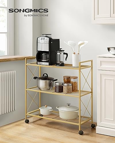 SONGMICS 3-Tier Metal Storage Rack with Wheels, Mesh Shelving Unit with X Side Frames, 31.5-Inch Width, for Entryway, Kitchen, Living Room, Bathroom, Industrial Style, Metallic Gold UBSC183A01 - color: Metallic Gold, size: 31.5"W