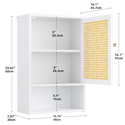 Bathroom Wall Cabinet, Bamboo Over-The-Toilet Storage Organizer with Rattan Doors and Adjustable Shelf, Space Saver Medicine Cabinet for Laundry, Kitchen, Living Room (White) - color: White