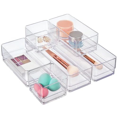 STORi SimpleSort Drawer Organizer Bins 6 pc Set, Multi-size, Bathroom Organizers and Storage, Makeup Organizer, Desk Organizer, Vanity Organizer, Clear Organizing Containers, Made in USA