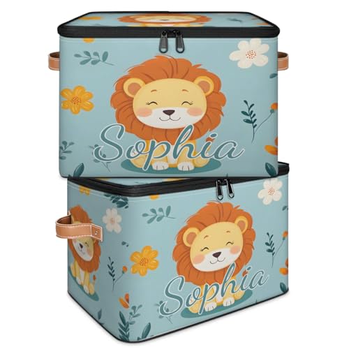 Custom Storage Basket with Name, Personalized Storage Bins with Zipper Lid, Foldable Fabric Storage Box Large capacity with Handle Flower Lion - color: Option 10