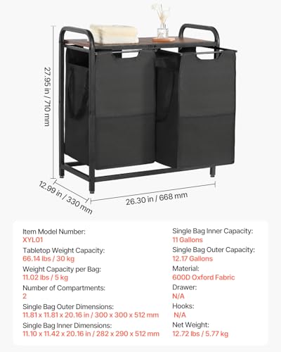VEVOR 2 Section Laundry Sorter, Large Laundry Hamper with Metal Frame and Wooden Tabletop, Freestanding Storage Organizer Baskets with Pull-Out 600D Oxford Cloth Bags for Dirty Clothes, Bathroom - style: 2 Section