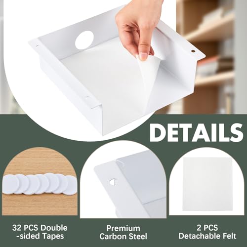 Yaocom 2 Pack Under Desk Hanging Shelf, Carbon Steel Storage Tray with Mute Felt Sheets, Mount Shelves Organizer for Office Home Workstation Gaming Desk Stand up(7.5x8x2.8 in/Storage Shelf,White) - color: White, size: 7.5x8x2.8 In